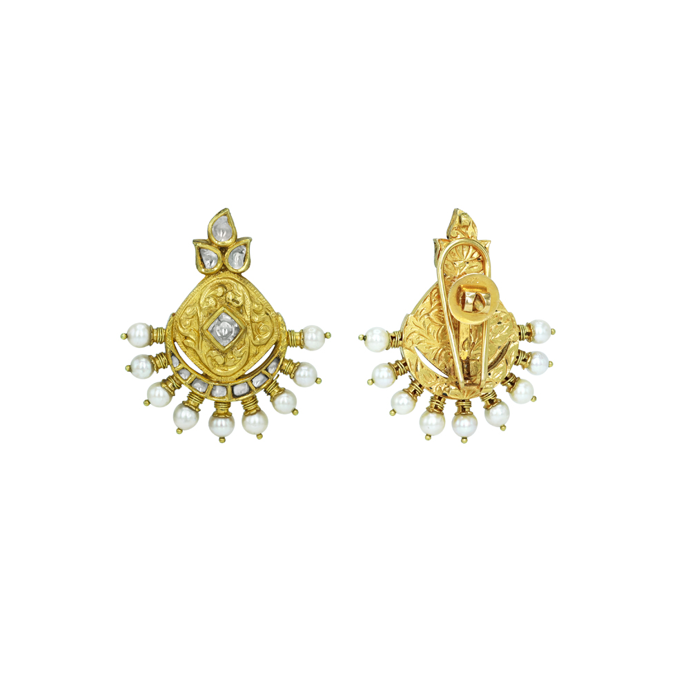 Ornate Gold Earrings with Polkis and Pearl Clusters